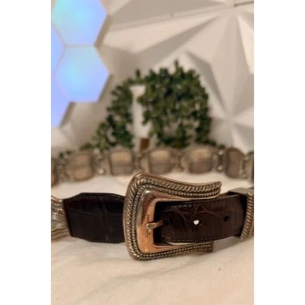 Vintage Brighton Brown Crocodile Embossed Leather Silver Concho Link Belt Size L